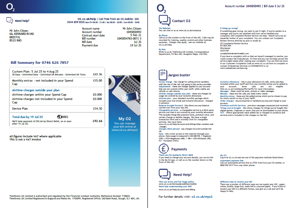 USA O2 utility bill template in Word and PDF formats, 2 pages, version 3